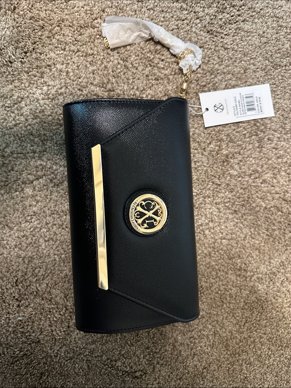 Christian Lacroix Black and Gold Logo Clutch w/ detachable chain